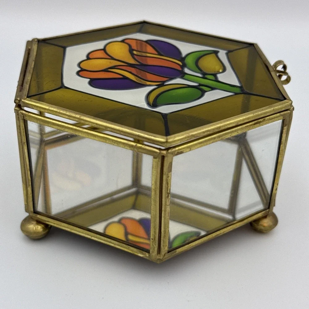 Stained Glass Mirror Brass Footed Trinket Box Flower Vintage Vanity Dresser